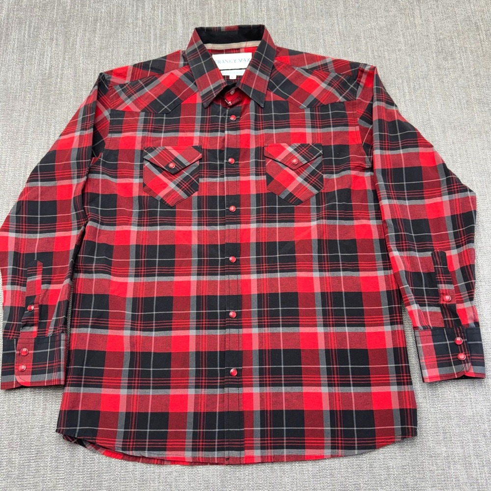 Franky Max Mens Red Black Plaid‎ Western Snap Front Long Sleeve Shirt Large